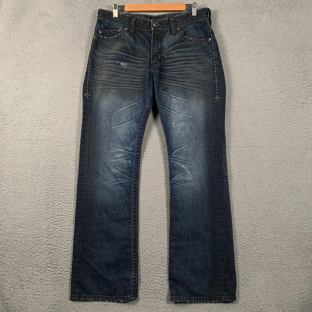 Affliction Cooper Jeans Mens 33 Longhorn Blue Straight Distressed Black Premium